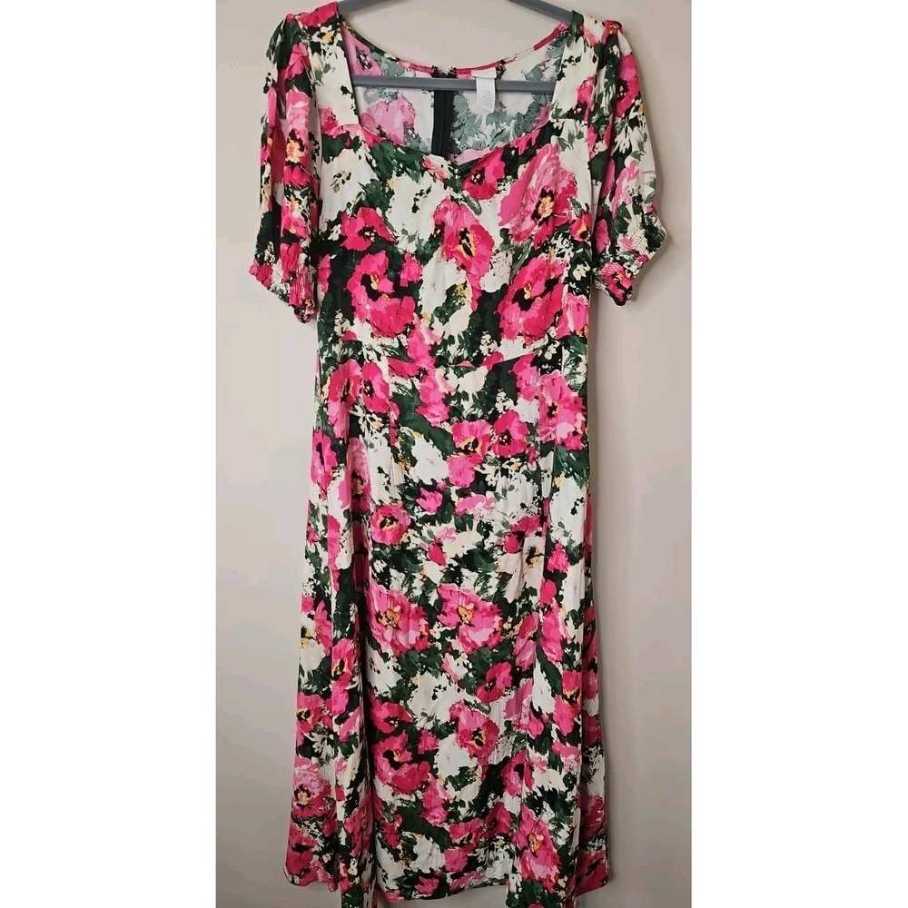 H&M Dress Women M Pink Floral Cottagecore Puff Smocked Sleeves Slit Viscose Boho
